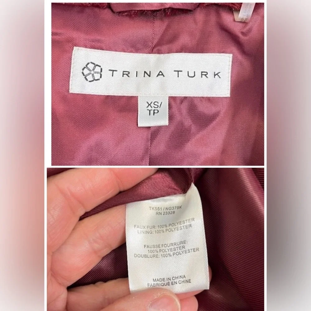 Trina Turk Blanche Faux Fur Coat Burgundy Black Colorblock Jacket XS Oversized